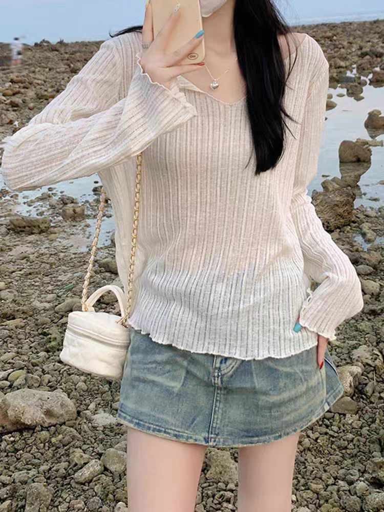 慵懶百搭V領防曬罩衫女外穿2025春新款夏季薄款條紋寬鬆長袖上衣