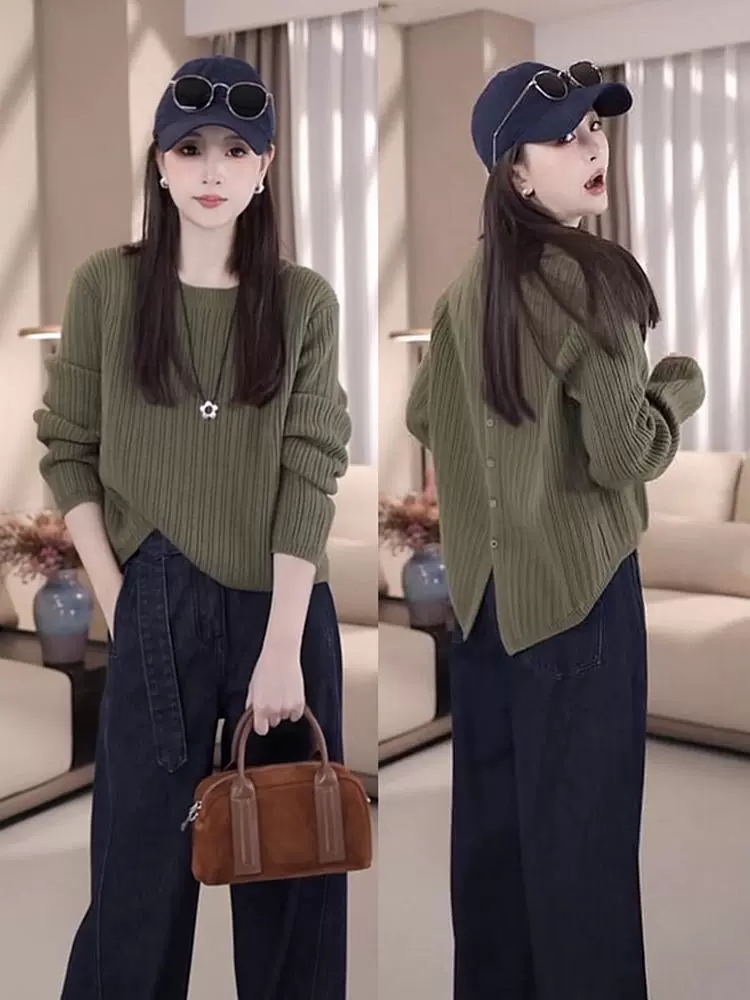 時尚設計感後開叉坑條紋毛衣女秋冬新款寬鬆顯瘦短款套頭針織衫