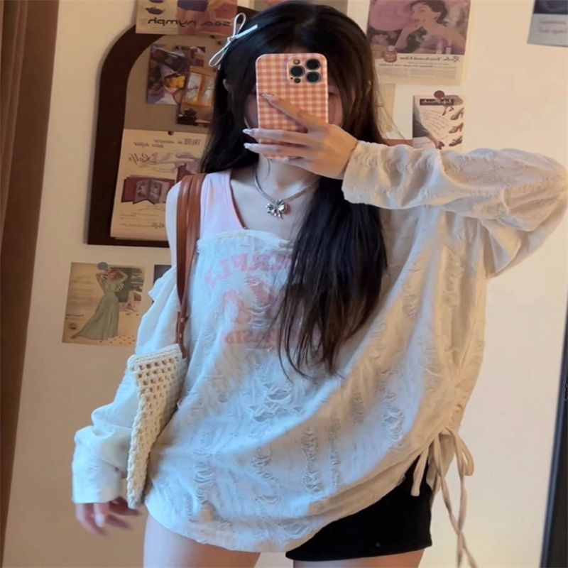 Fake two-piece spliced ​​off-shoulder drawstring long-sleeved T-shirt for women in summer lazy style loose sun protection design slim top