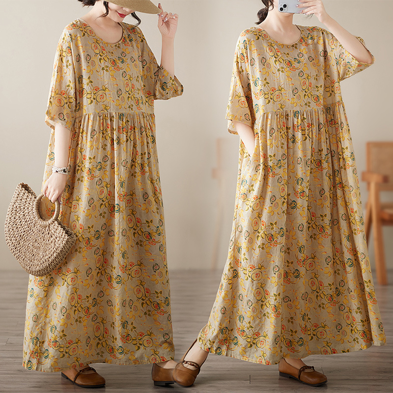 2025 summer new style middle-aged and elderly mothers wear round neck, shoulders, and sleeves casual loose large swaying cotton and linen printed dress