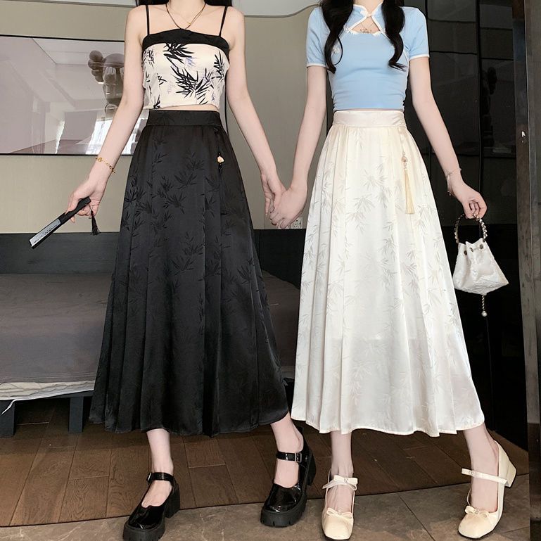 New Chinese style jacquard high waist slim pleated skirt spring new Chinese style long horse-faced skirt
