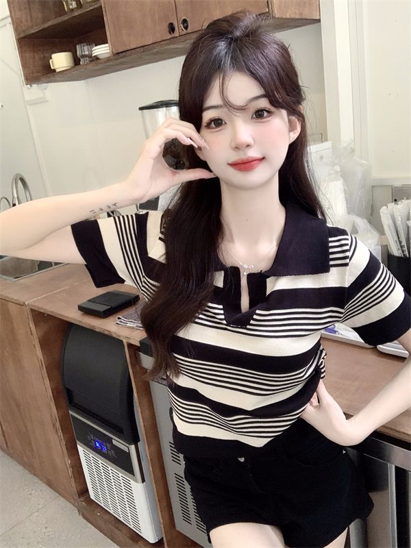Pure cotton polo shirt retro striped design slim short top for women