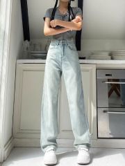 Light-colored straight-leg denim trousers for women new retro high waist loose slim small drooping narrow version wide-leg pants
