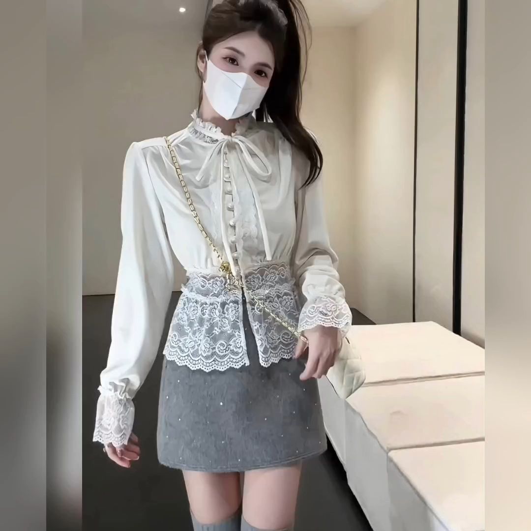 Original workmanship Korean style high-end temperament top retro lace spliced ​​long-sleeved shirt