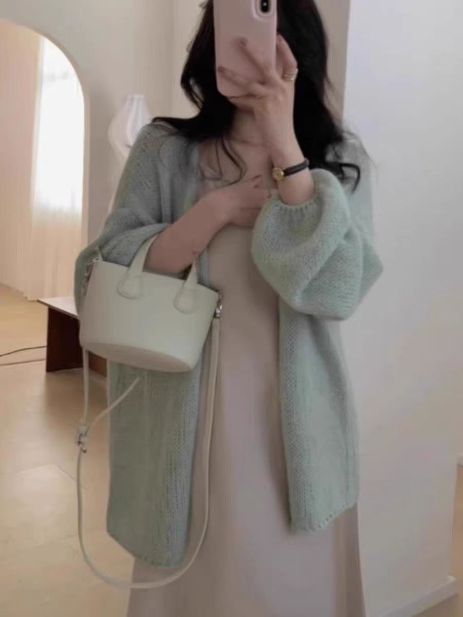 2025中長款杏色長袖針織防曬開衫女夏季薄款冰絲披肩外搭空調罩衫