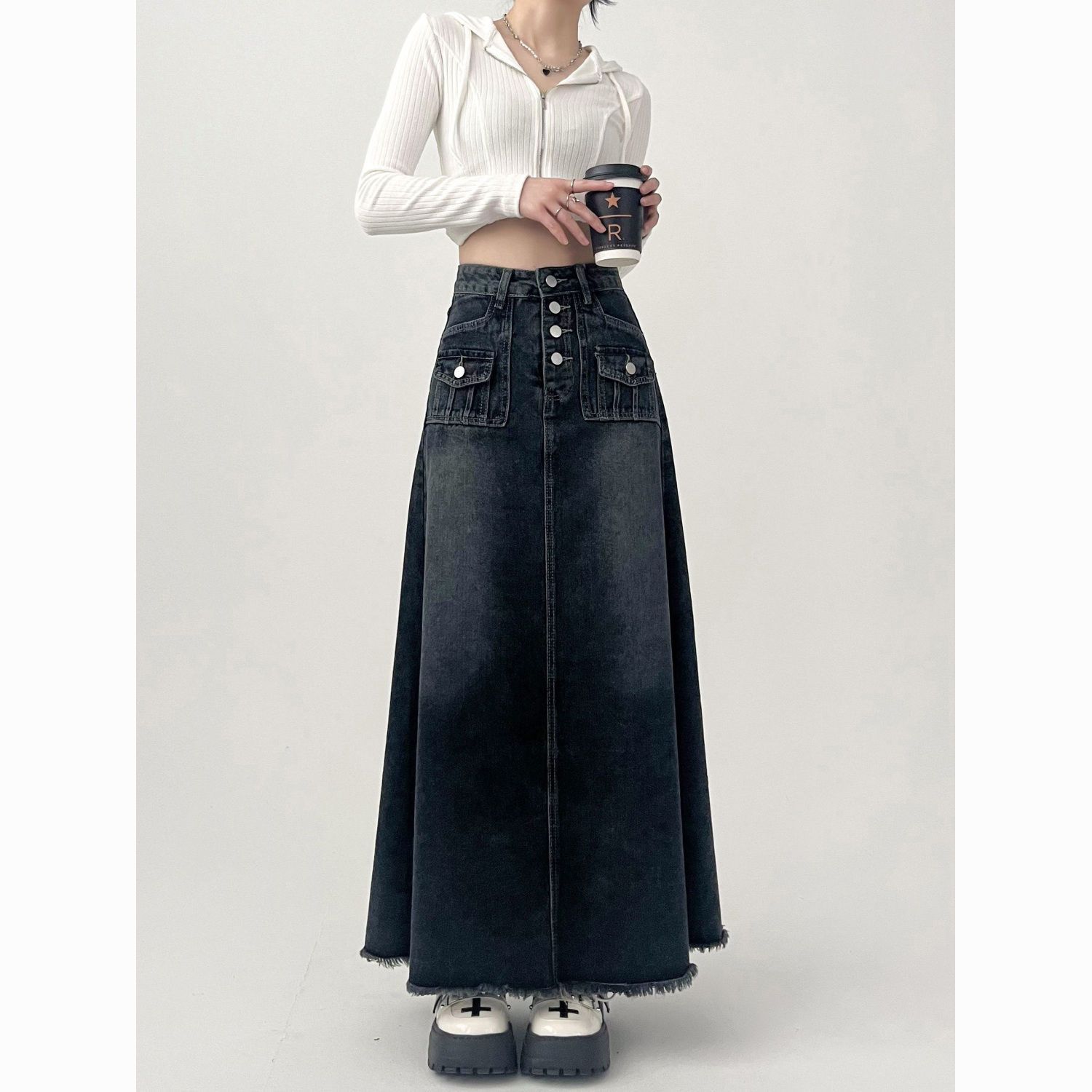 Design-sensual denim skirt skirt for women for autumn long skirt A-line skirt high waist retro umbrella skirt mid-length fur skirt