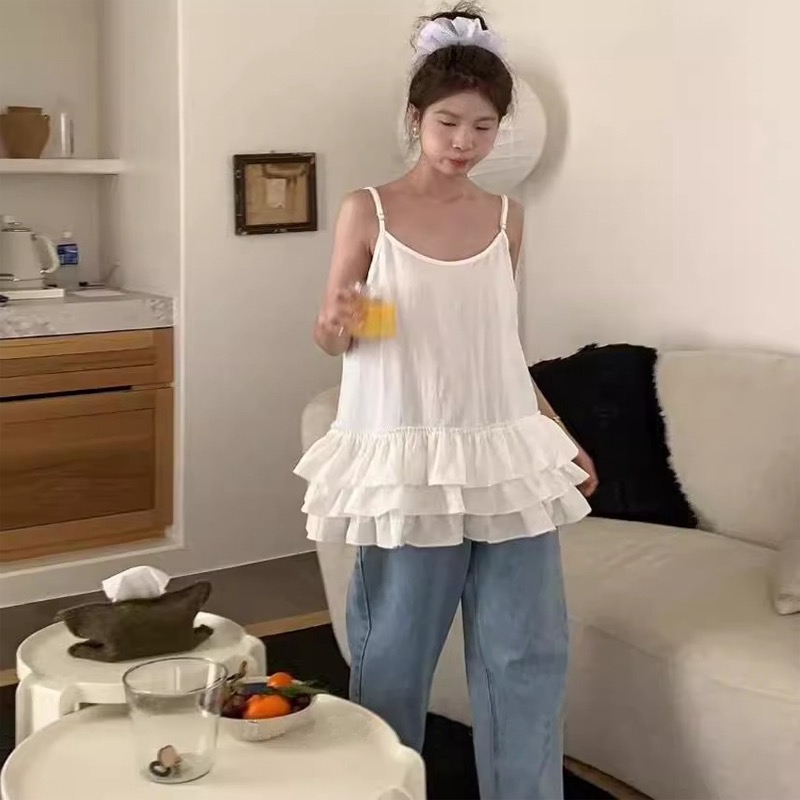 原版做工白色吊帶背心女2025年春季新款花邊下擺寬鬆疊穿上衣
