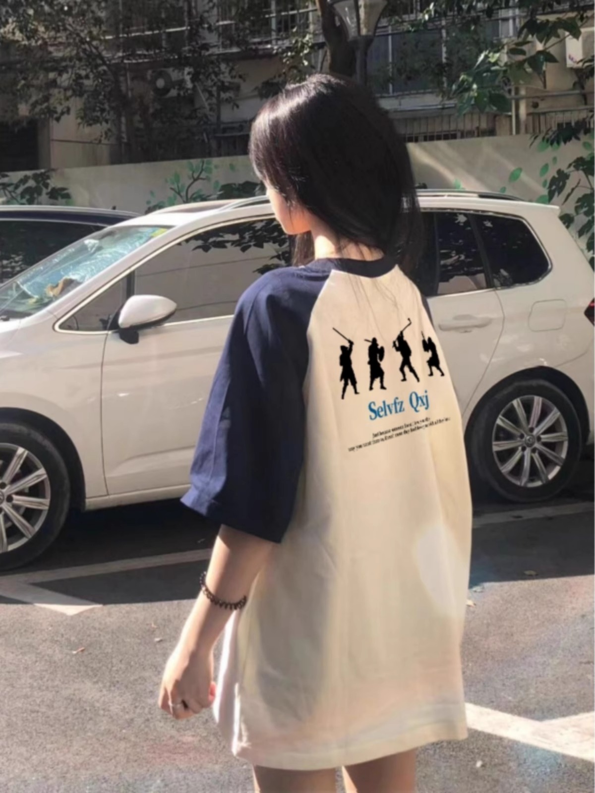 High-quality pure cotton 200g 21 combed tight printed color horn sleeve loose color block short-sleeved shirt for women