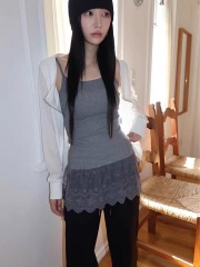 烏77甜美拼接蕾絲吊帶內搭女韓版修身顯瘦通勤百搭圓領打底上衣春