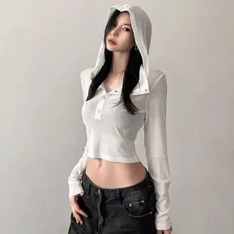 Original fabrics and practices European and American high-waisted women's long-sleeved slim fit and slightly transparent versatile design short tops trendy underwear