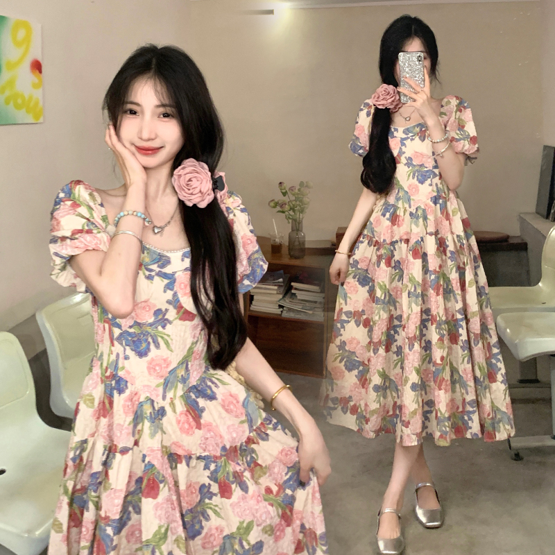 實拍~大碼法式碎花方領連衣裙2025新款女夏季胖mm遮肚子顯瘦長裙