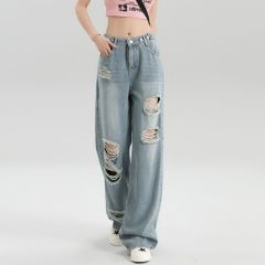 Multi-button adjustable jeans for women light color high waist straight-legged personality beggar ripped loose wide-leg trousers floor-moving pants