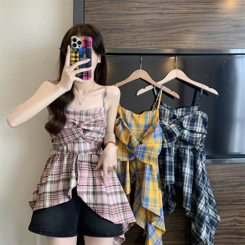 Original method American retro pure plaid small suspender vest wears dopamine slim sweet hot girl top