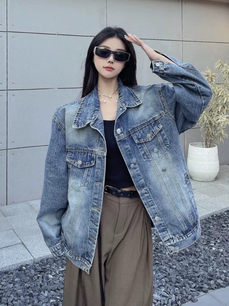 Design-feeling pocket long-sleeved denim jacket for women 2025 spring new wash gradient loose versatile lapel top