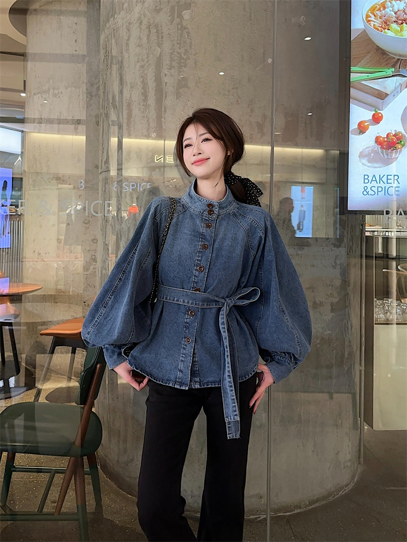 Real photo of the Korean Dongdaemun Spring-standing Collar Denim Long Sleeve Shirt Ins Band-tied Temperament Loose Niche Shirt