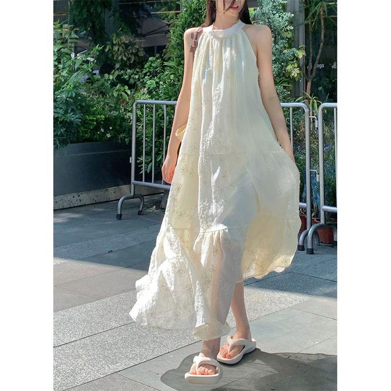Vacation white lace neck halter dress summer sexy sleeveless off-shoulder long skirt