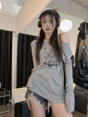 Rib slanted shoulder loose round neck thin sunscreen shirt long sleeve T-shirt for women for summer