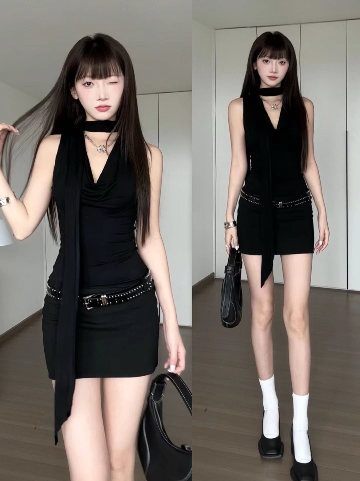 美式辣妹連衣裙女秋季設計感小眾御姐風長袖黑色包臀短裙子