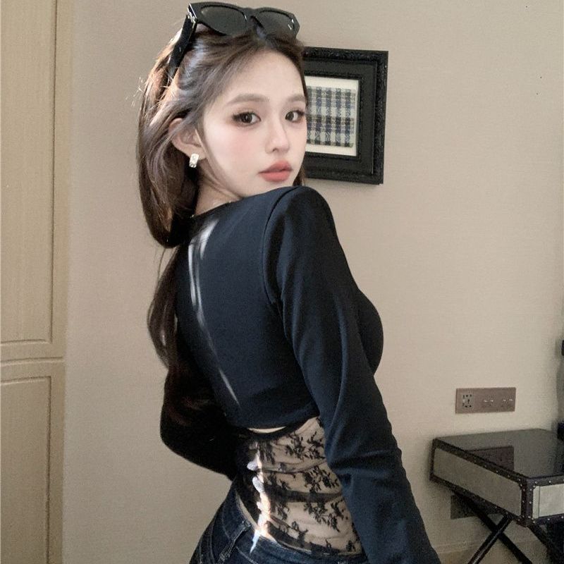 Sexy beautiful back hollow lace spliced ​​long-sleeved T-shirt 2025 spring new hot girl waist-hugging and slimming base top