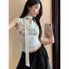 Colorful cotton ribbed printed collar pure sexy sleeveless halter neck hanger vest