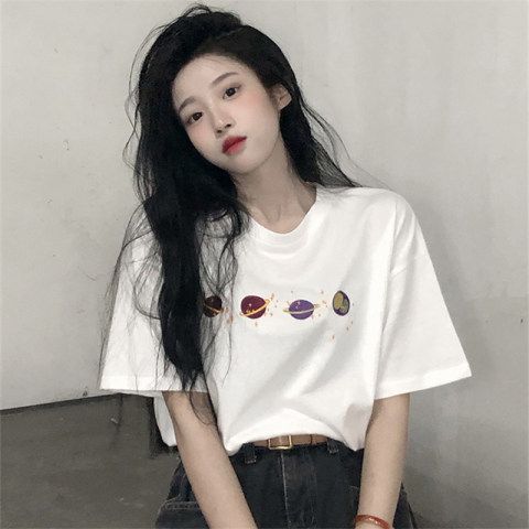 Summer Korean version 2025 new loose large version vintage versatile printed round neck short-sleeved T-shirt top for female student