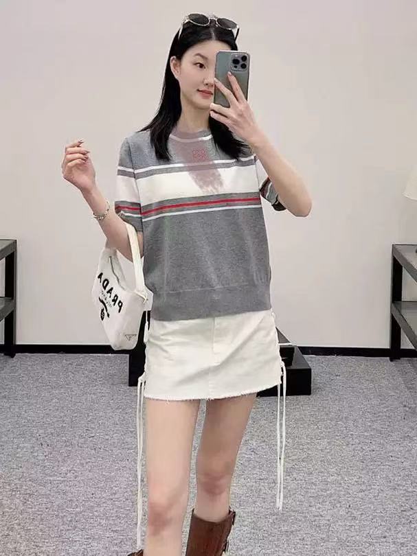 2025早春新款logo刺繡撞色寬鬆顯瘦百搭休閒圓領長袖女款針織上衣