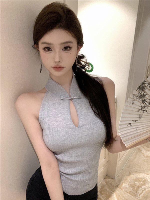 新中式盤扣鏤空掛脖無袖針織背心女夏季辣妹修身內搭國風上衣外穿