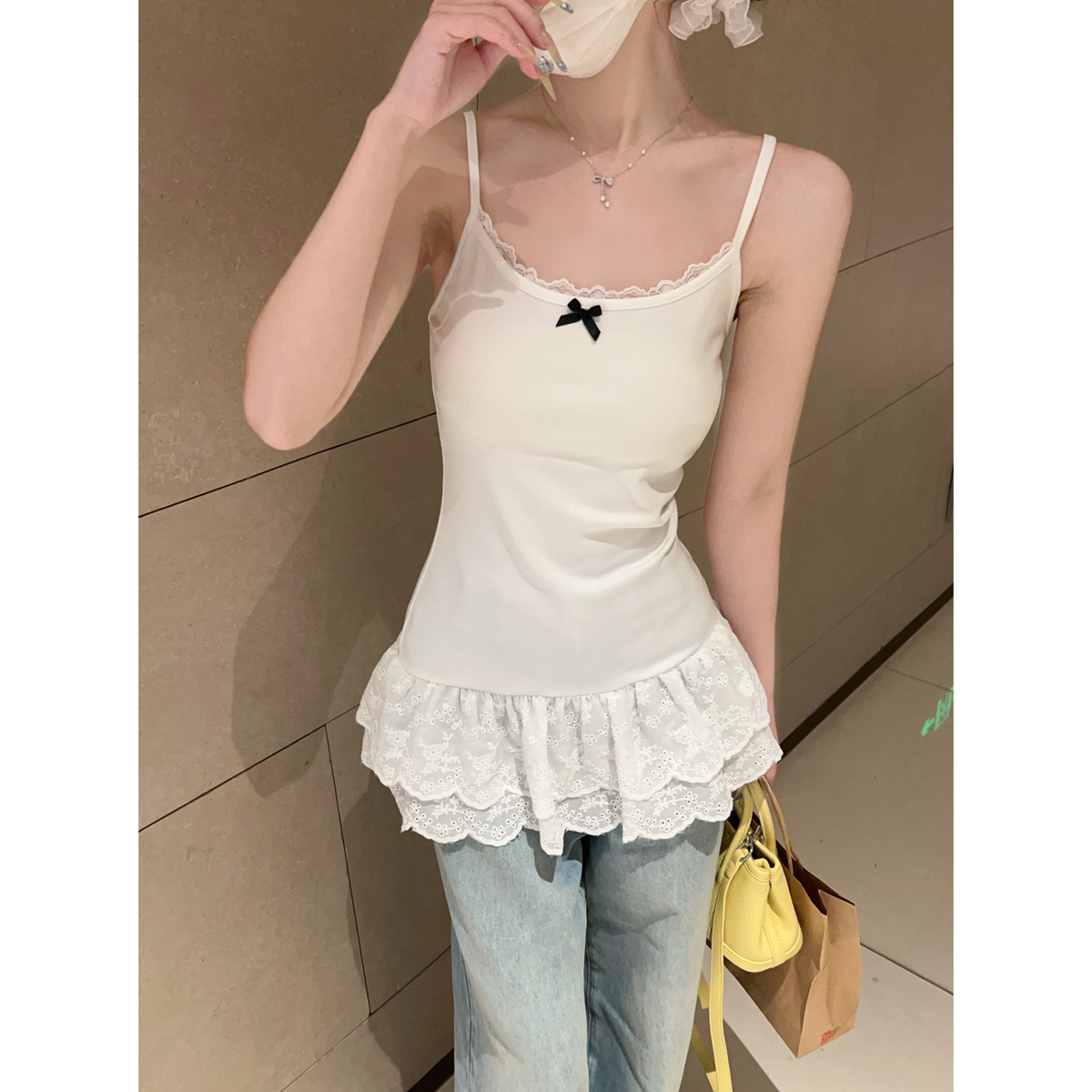 Real shot of summer Korean version pure sweet bow ballet style splicing hem suspender vest T-shirt top