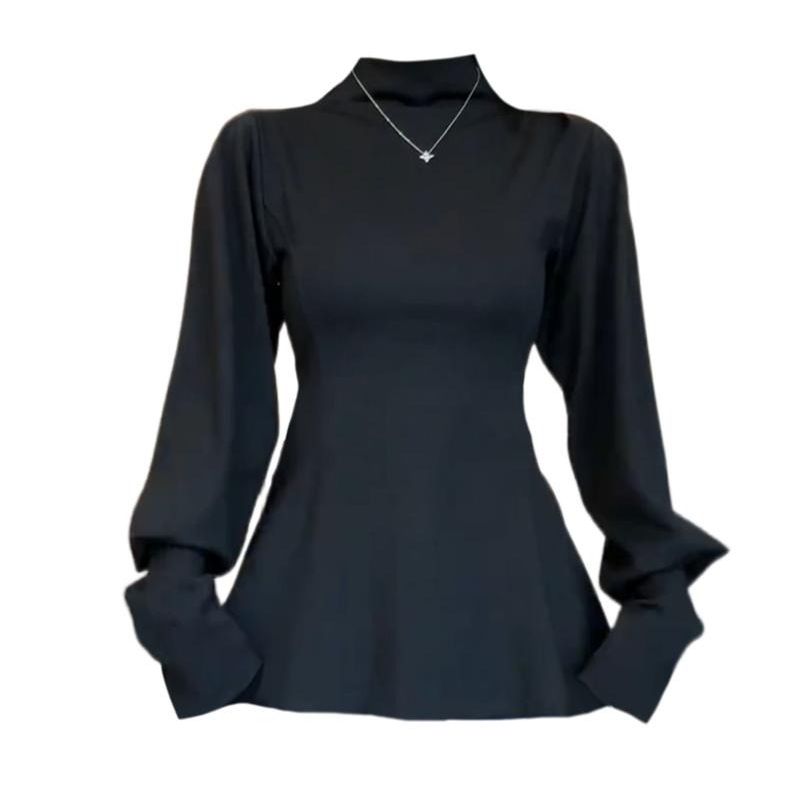 Threaded German velvet design waist-hugging half-high neck T-shirt base shirt for women slim lantern sleeve top