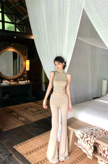 Real shot of a fashionable, pure and sexy hot girl slim-fitting vest top and pants set