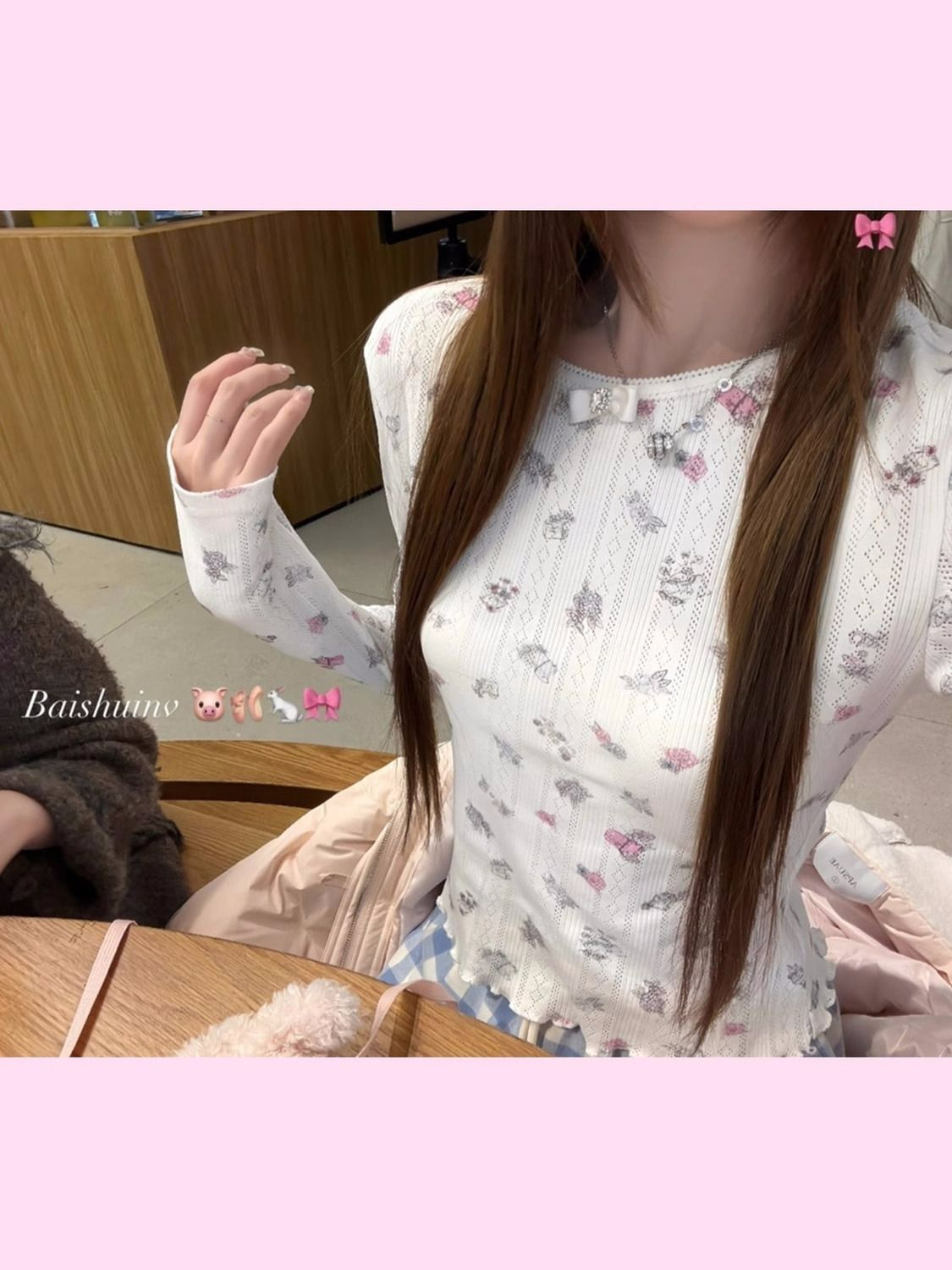 American style front shoulder sweet design hot girl base shirt for women wearing long-sleeved top outside the street