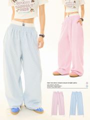 New summer fake two-piece blue striped trousers for women lazy style loose wide-leg slim straight pants