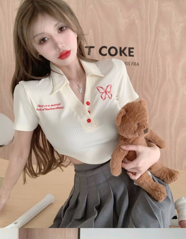 Rib hot girl pure butterfly embroidered design slim body garment
