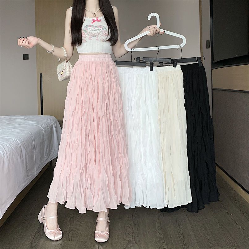 White pleated skirt and skirt for women in summer A-line skirt new high-waisted umbrella skirt mid-length skirt long skirt trendy