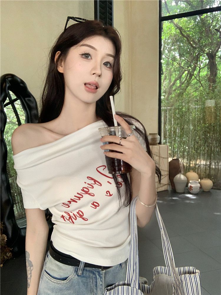 260g cotton, one-length collar white short-sleeved slim T-shirt letter printing, slim and versatile short off-shoulder top