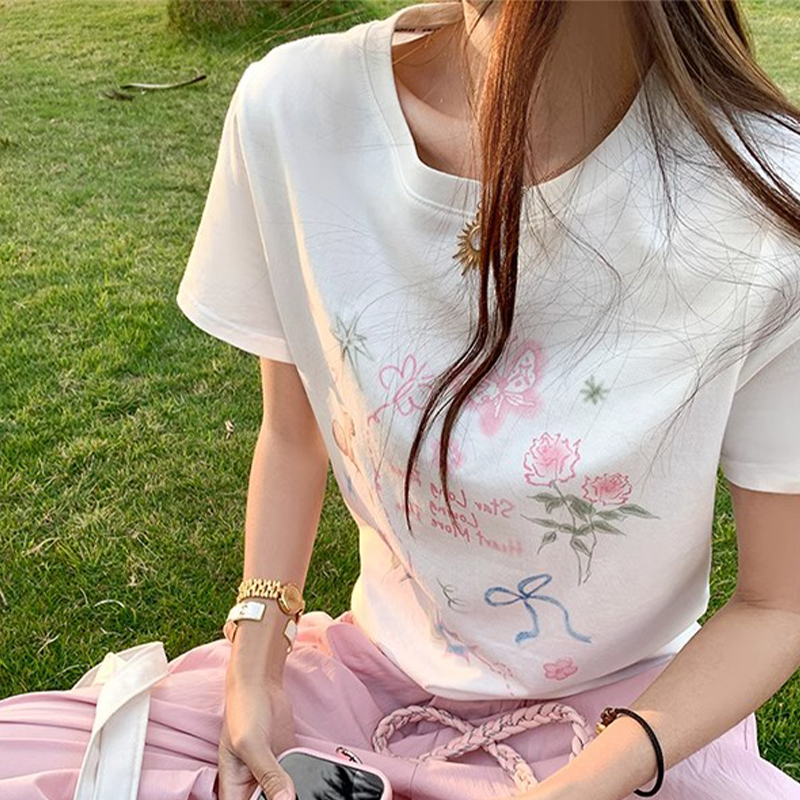 220g pure cotton American printed short-sleeved T-shirt for women 2025 summer new loose round neck top