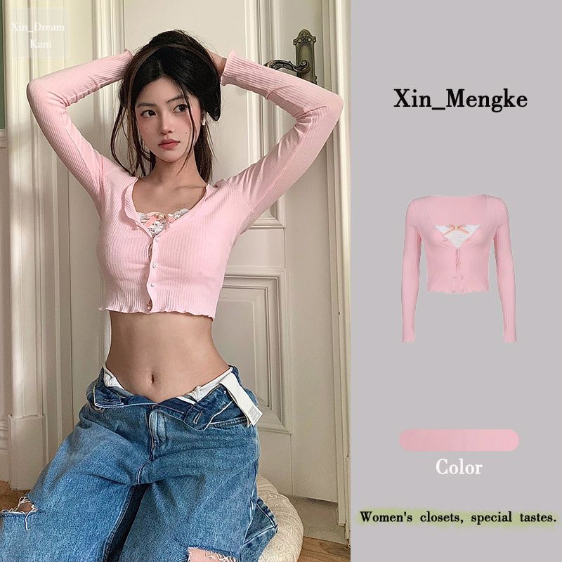 French fake two-piece long-sleeved T-shirt women's spring and autumn new design niche sexy hot girl short top