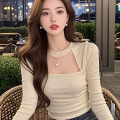 Gentle style pure hot girl halter neck long sleeves women slim hollow chic T-shirt top