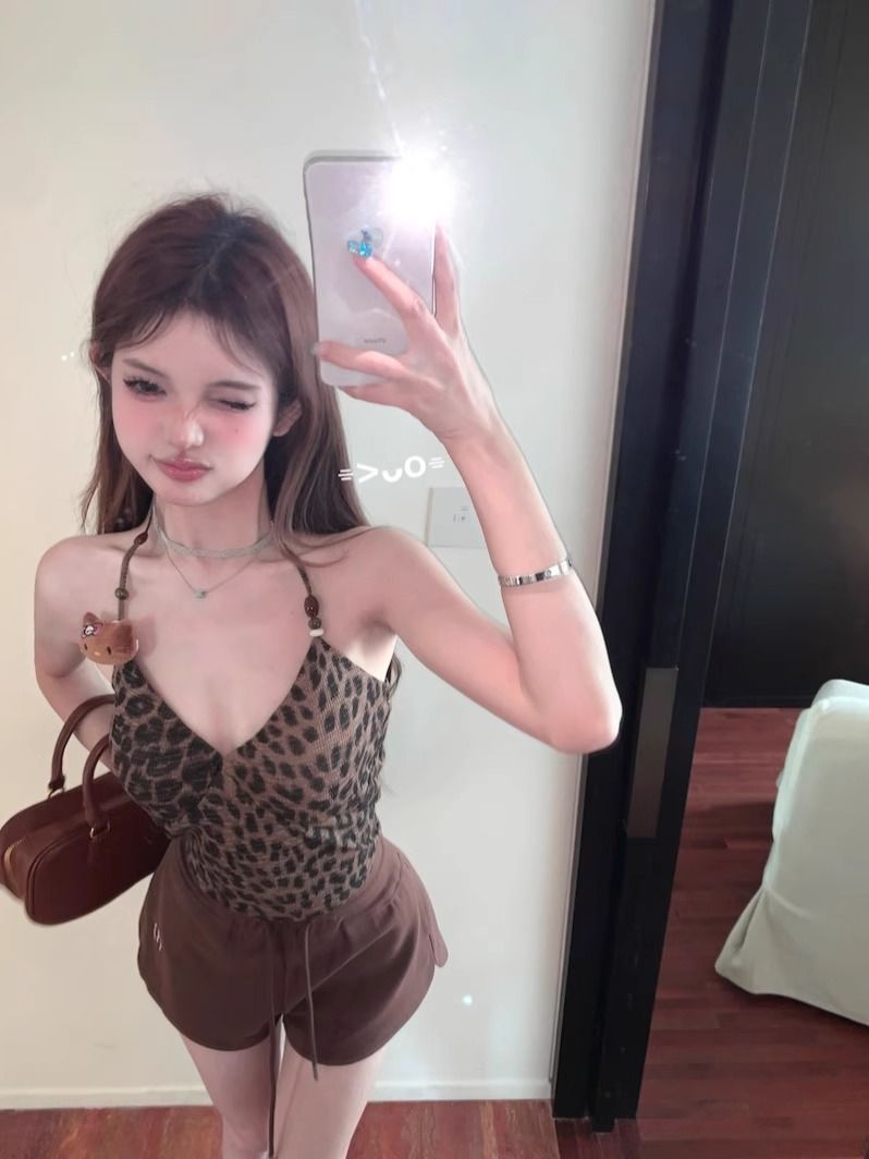 豹紋掛脖吊帶連衣裙女夏季甜辣妹緊身短裙純欲風性感收腰包臀裙子