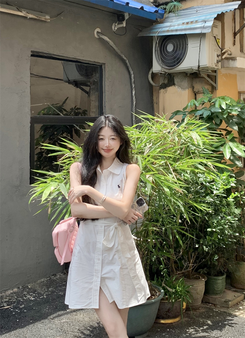Real shot~First love shirt skirt 24S pure college style embroidered Oxford cloth cotton lace-up polo dress