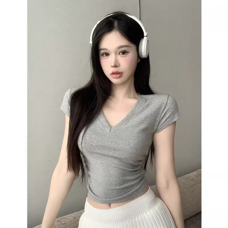 210g pure cotton thread pure cotton front shoulder V-neck white short-sleeved T-shirt for women