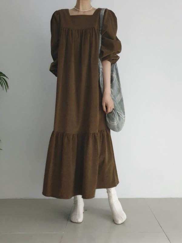 Korean chic French square collar pile sleeve loose corduroy dress
