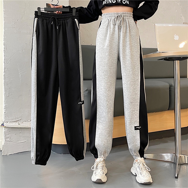 -Real shot of new spring splicing and color versatile wide-leg tying casual pants for women