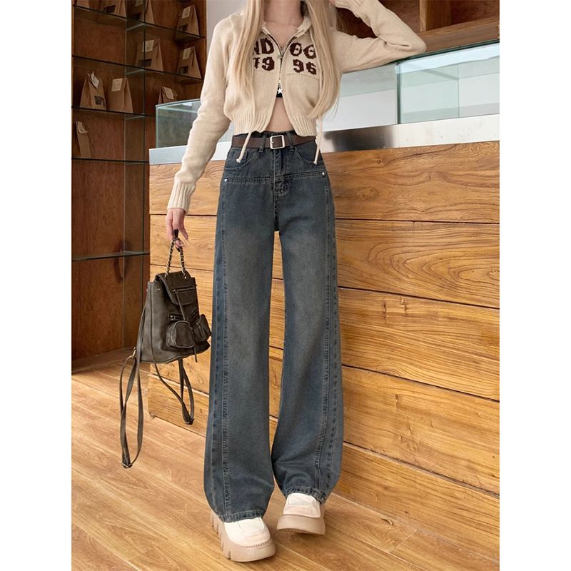 Retro cement grey wide-leg jeans for women in spring and autumn new style splicing versatile high waist loose slimming straight trousers