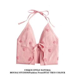 Pure pink love halter neck hanger vest for women in summer wear sleeveless backless short BM hot girl lace-up top