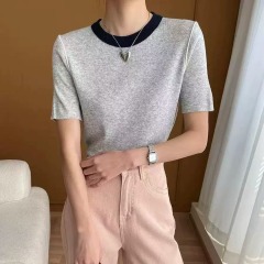 復古撞拼色圓領軟糯混羊毛絨針織衫女春夏內外穿百搭打底小衫上衣