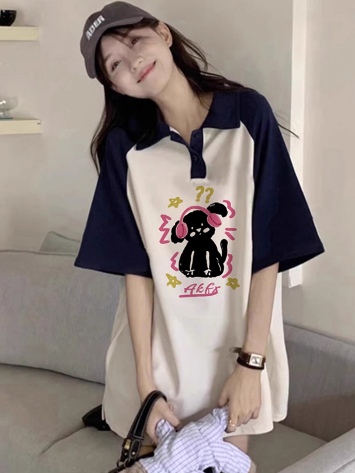 High-quality pure cotton 200g 21 combed tight printed POLO shirt loose color block lapel short-sleeved shirt for women
