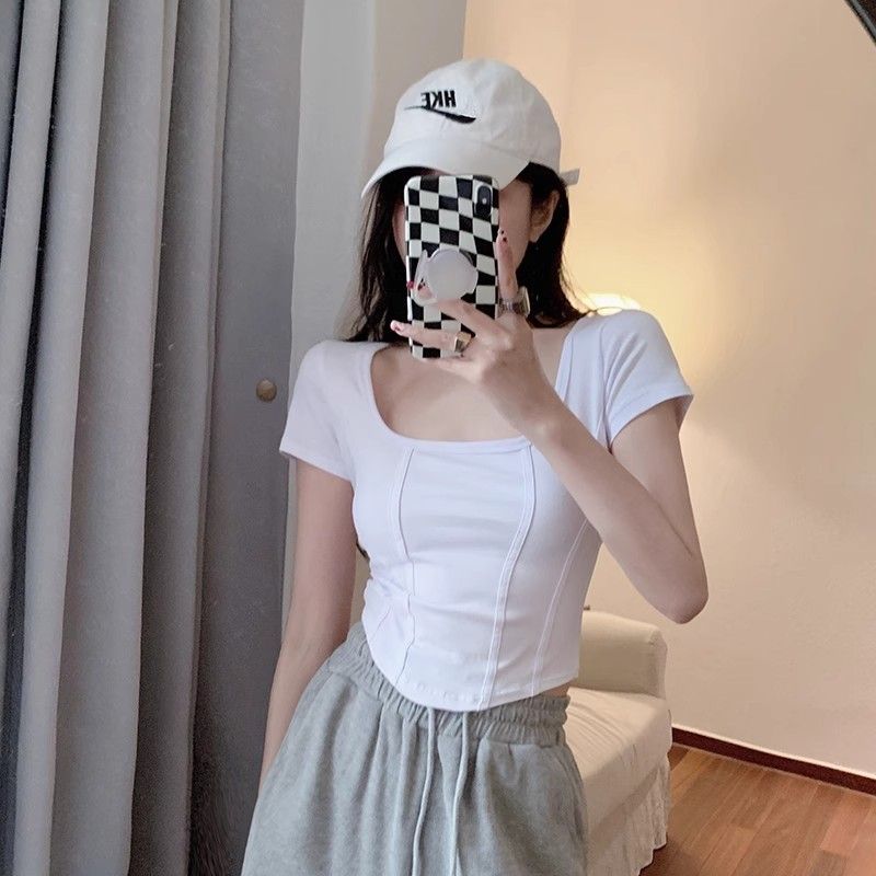 210g pure cotton thread quality French fish bone T-shirt women's summer t-shirt top slightly fat