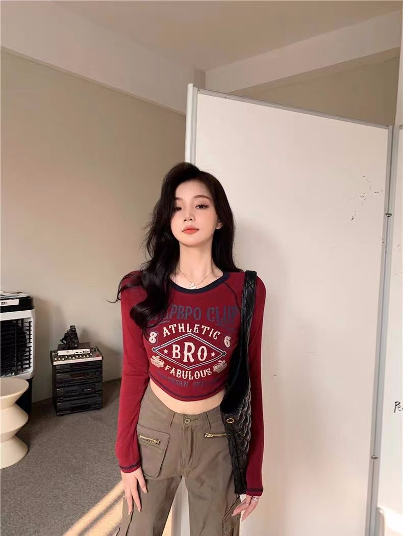 American short hot girl tight T-shirt for women 2025 autumn and winter new design niche base shirt underwear