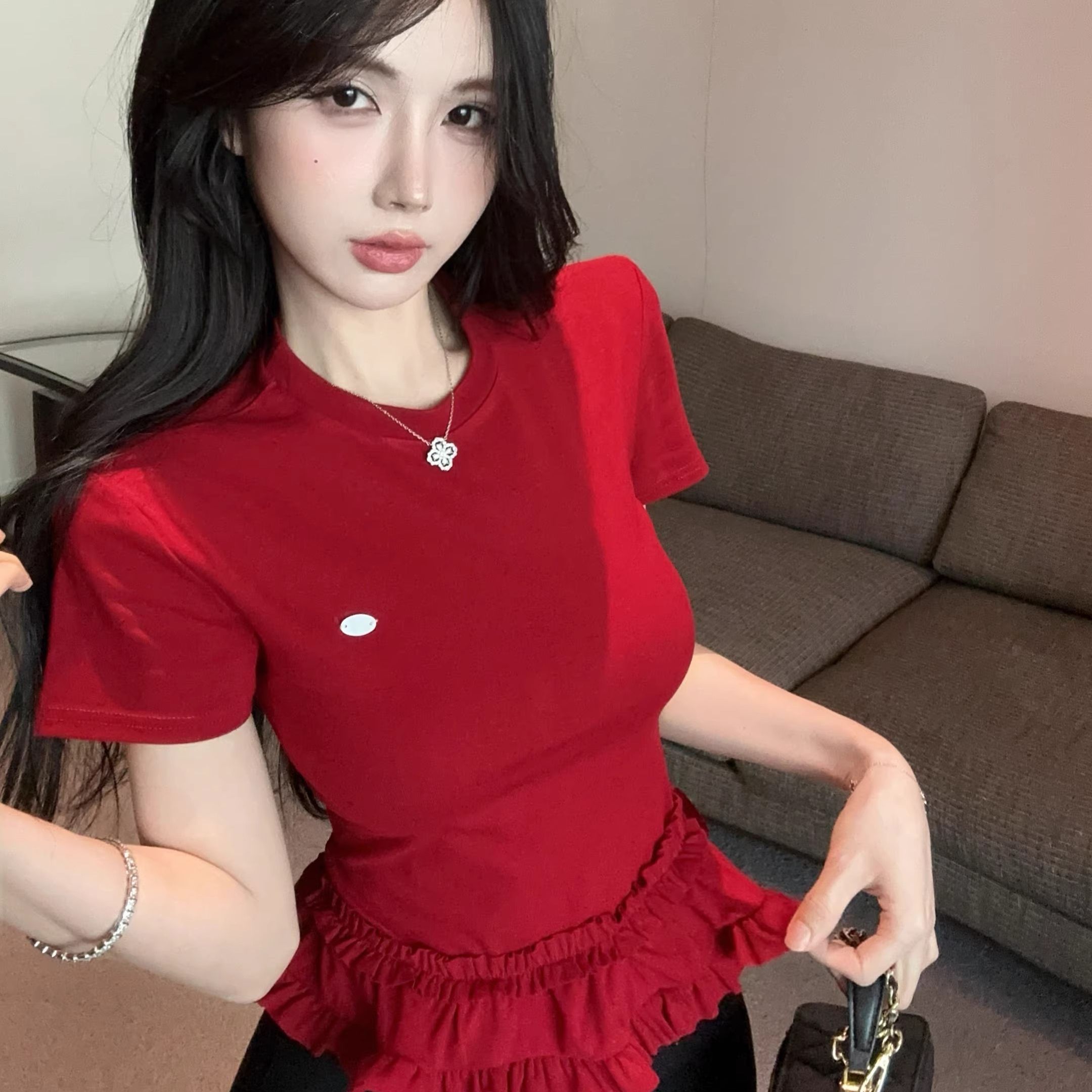 40 210g pure cotton thread, ruffle spliced ​​slim waist-tightening inner paired sweet and spicy tight base top